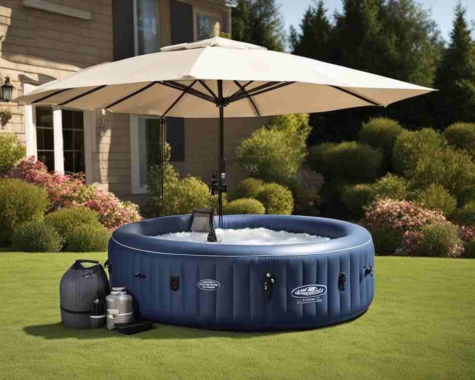 A blue colored inflatable hot tub setup on a backyard lawn.