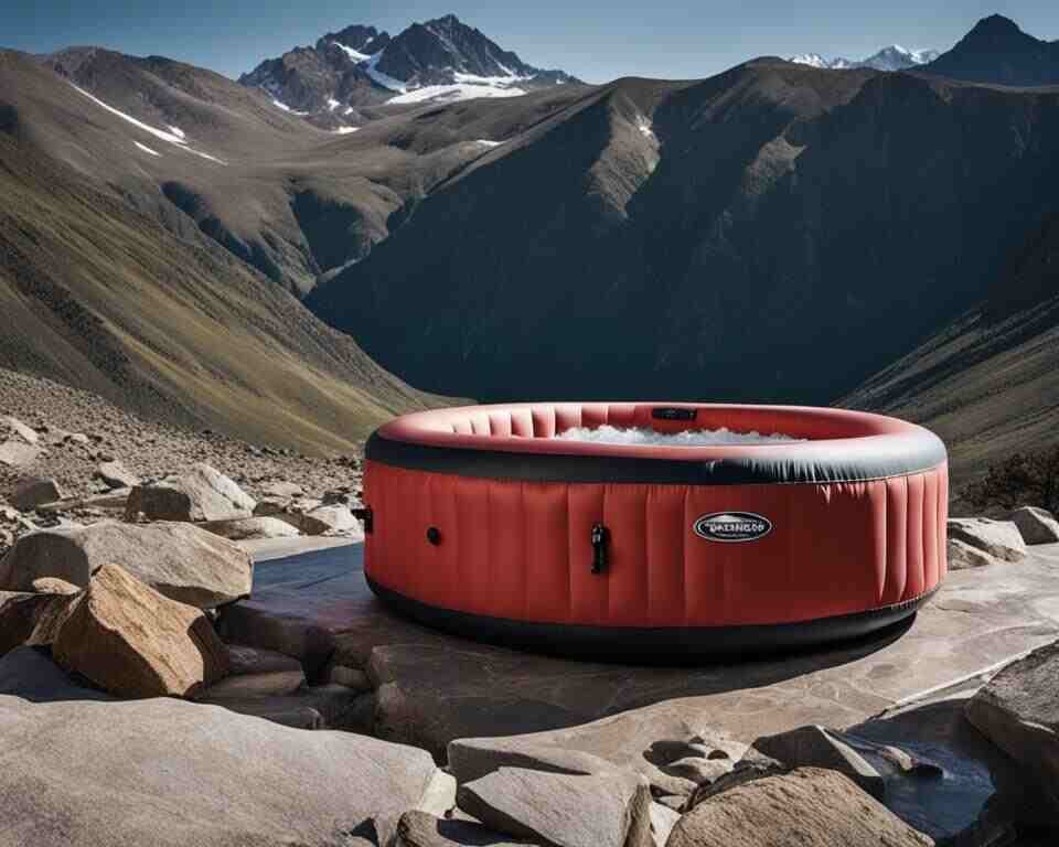 An illustration of a durable inflatable hot tub being placed on a rocky surface, with a dramatic mountain landscape in the background.