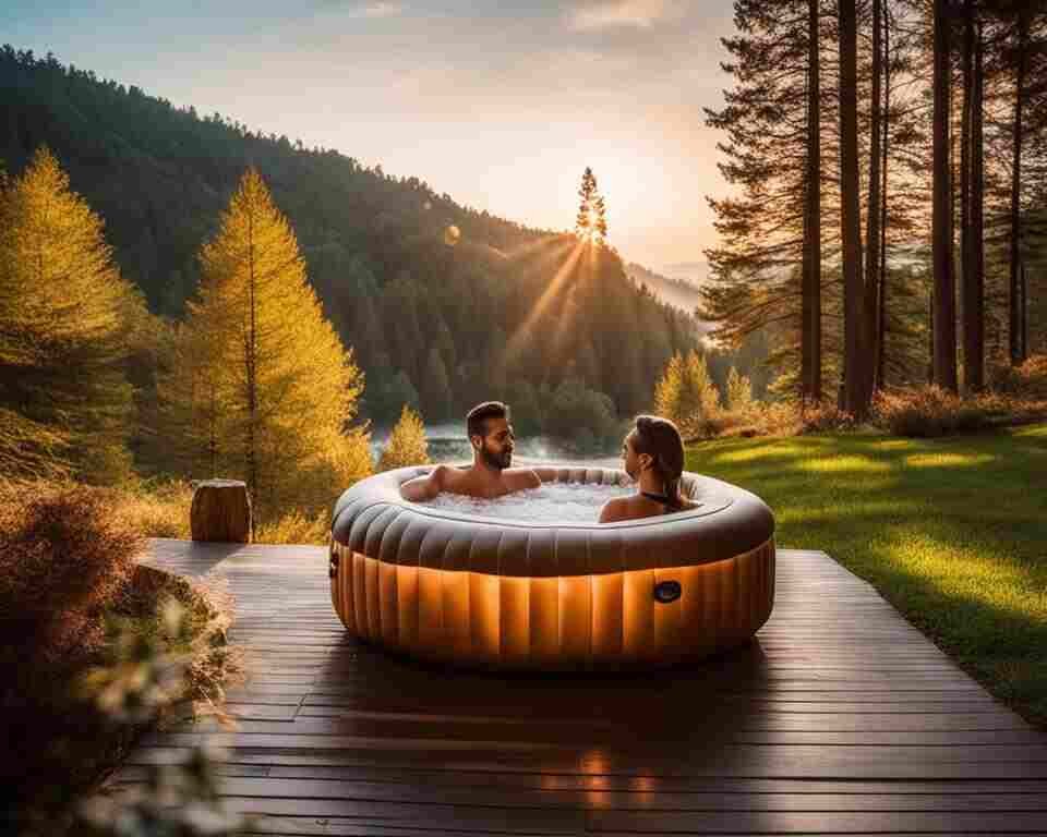 An outdoor setting with two people relaxing in an inflatable hot tub, surrounded by nature.