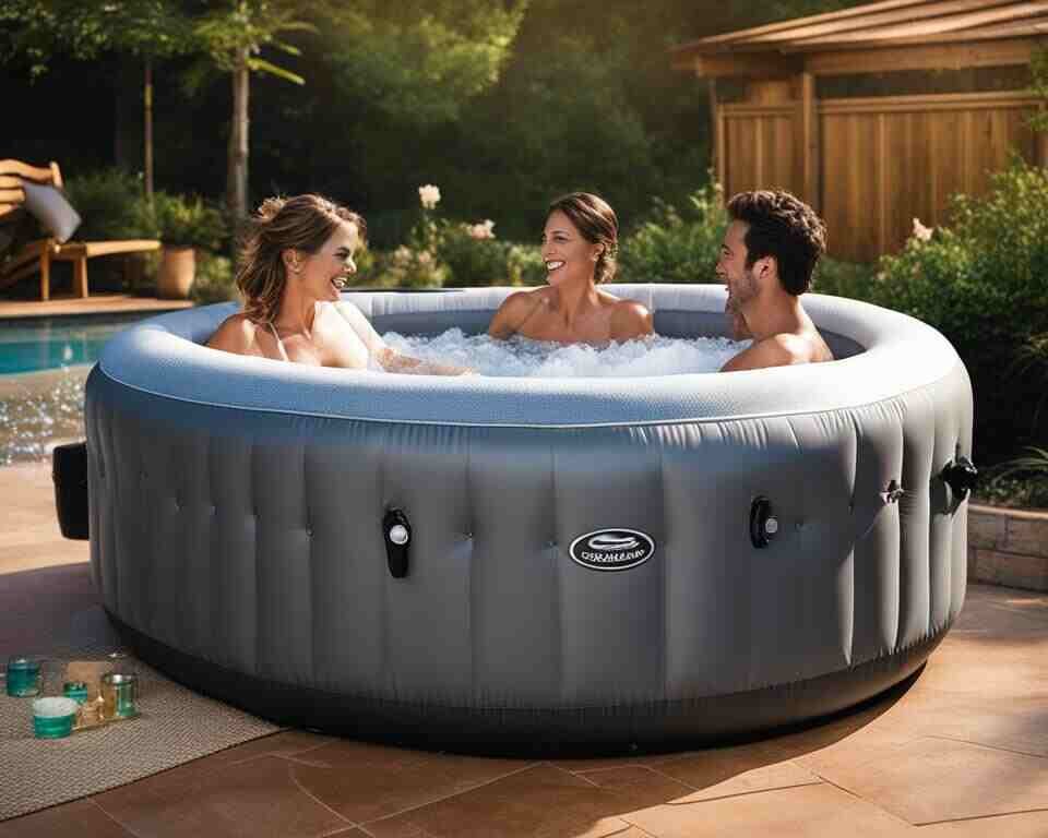 An inflatable hot tub in a backyard setting with people having fun in it.