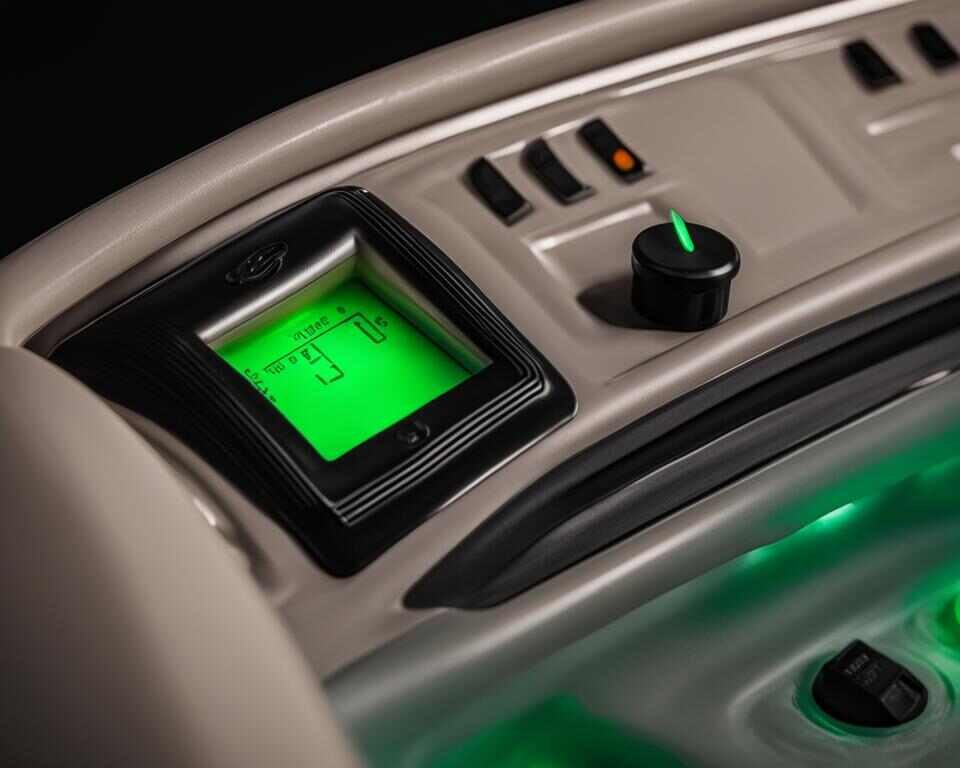 A close-up shot of an inflatable hot tub control panel with a green indicator light signaling the auto shut-off feature.