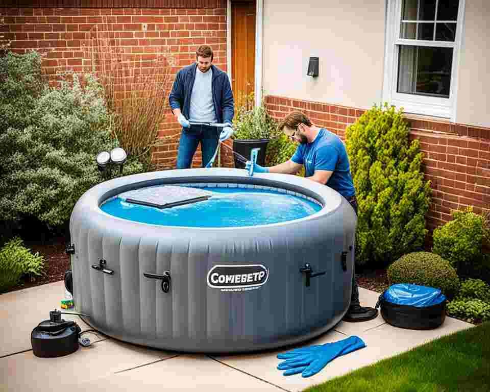 A person carefully inspecting their inflatable hot tub for any signs of wear and tear.