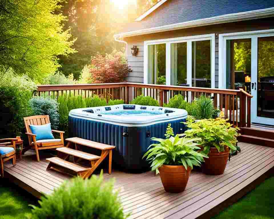 A serene backyard setting with a spacious deck overlooking a lush green garden. In the center of the deck, there is an inflatable hot tub surrounded by potted plants and comfortable outdoor furniture.