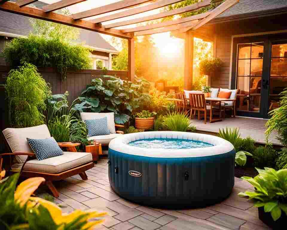 A backyard patio with an inflatable hot tub surrounded by lush green plants and furniture for lounging.