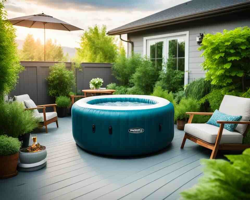 A backyard patio with a small inflatable hot tub setup in the center. 