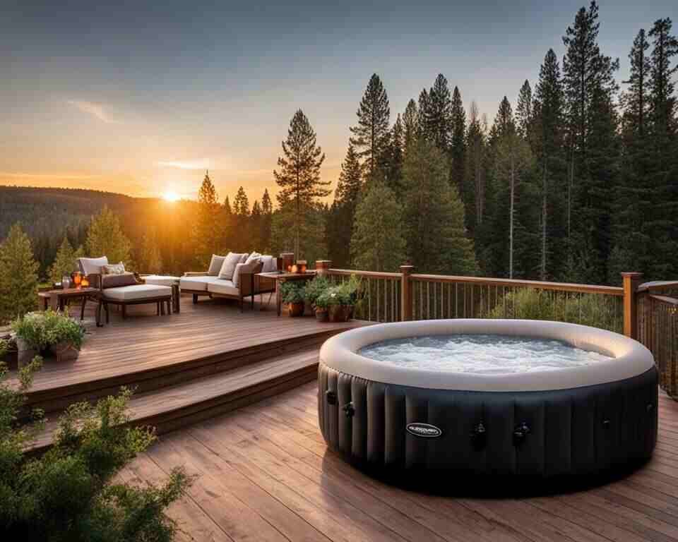 Show an inflatable hot tub placed on a backyard wood deck.