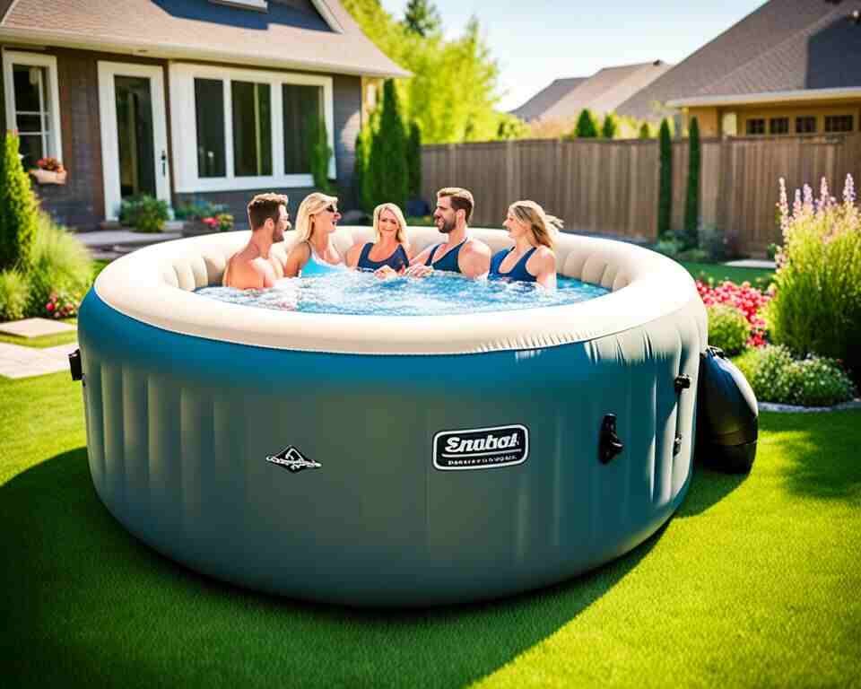 An inflatable hot tub placed on a backyard lawn.