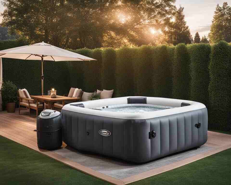 An inflatable hot tub placed on a backyard concrete pad.