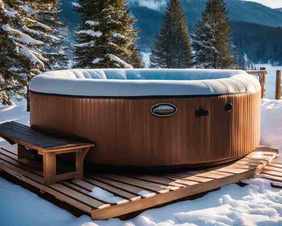 A close-up of an inflatable hot tub sitting on a wooden deck, surrounded by a snowy landscape.