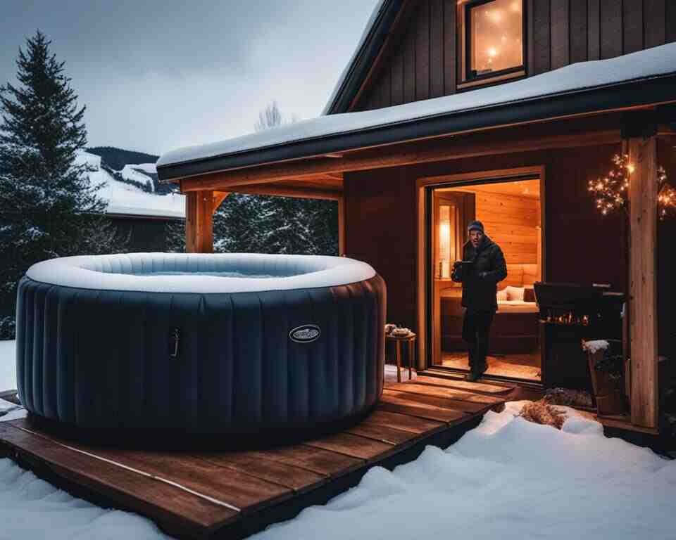 A snowy backyard with a partially covered inflatable hot tub.