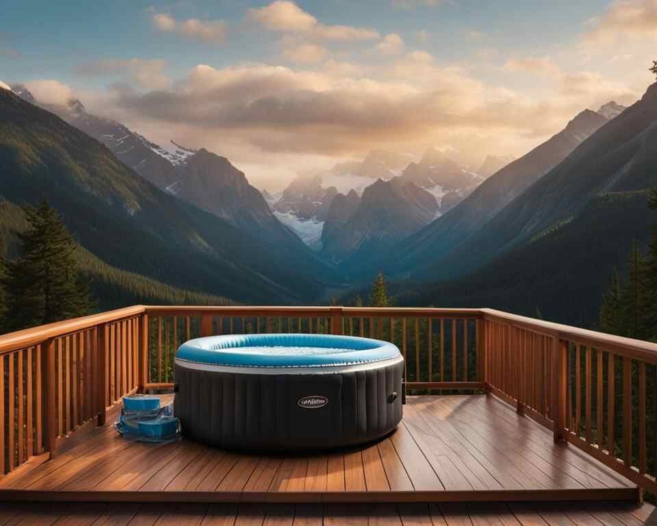 An inflatable hot tub placed on a sturdy wooden deck.