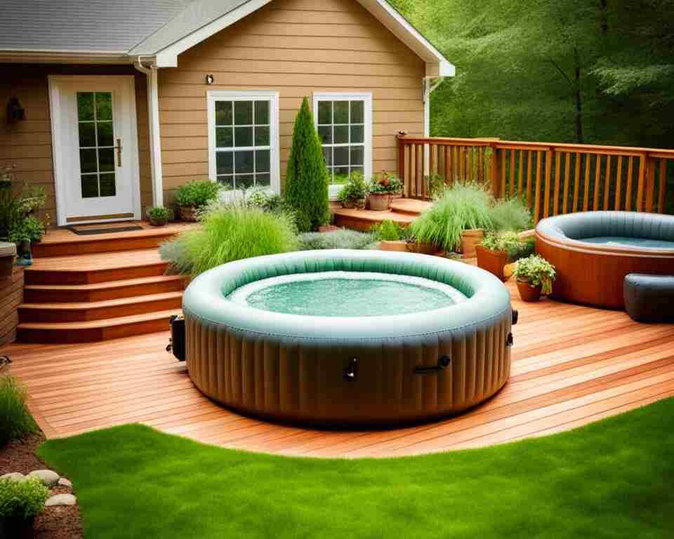 A couple of inflatable hot tubs in a backyard setup on wood decking. 