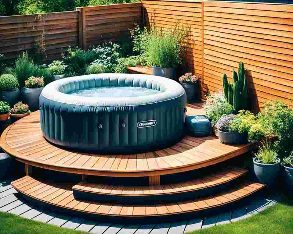 A wooden deck with an inflatable hot tub placed in the center. The deck is surrounded by various types of outdoor furniture, such as chairs, a table, and potted plants.