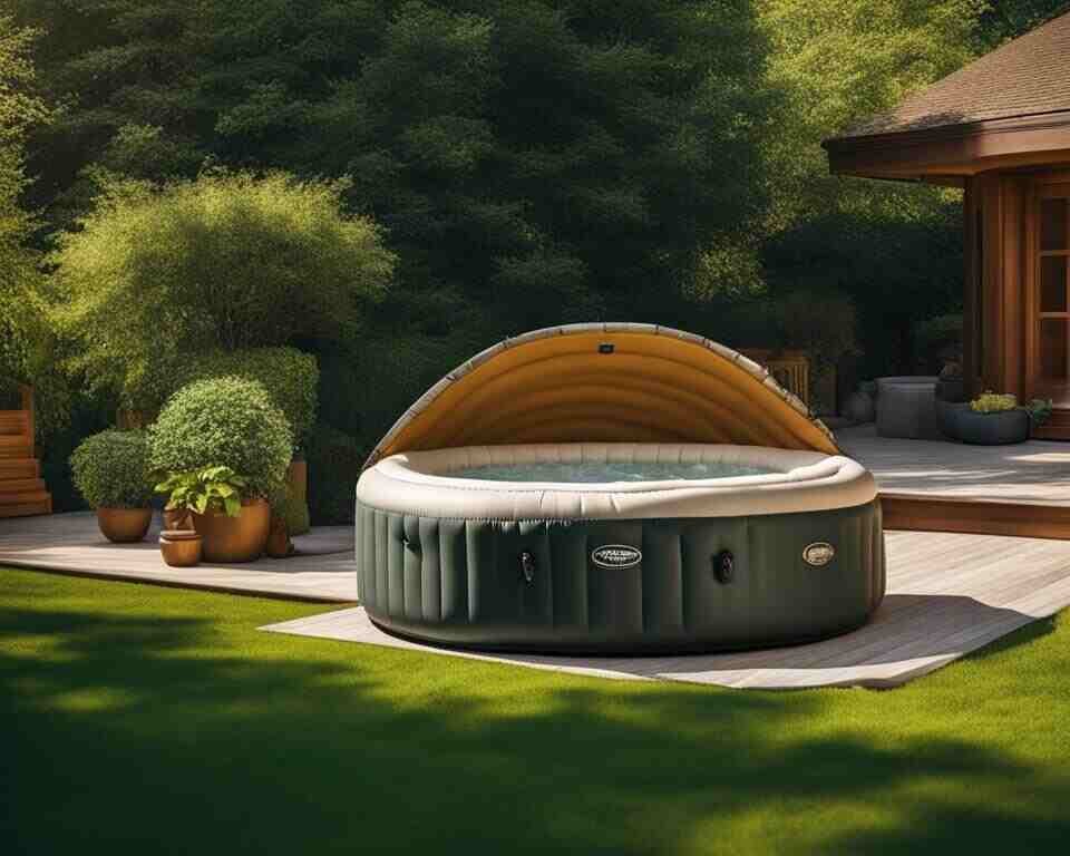 An inflatable hot tub with a cover.