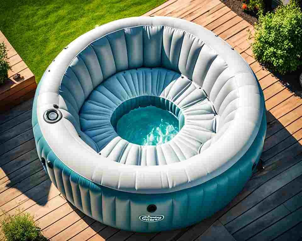 A top-down view of an inflatable hot tub, showing the interior shape and texture of the tub.