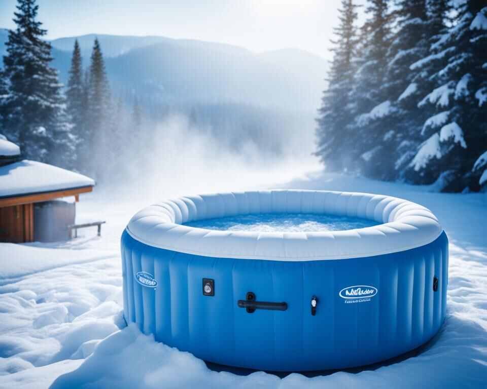 A blue inflatable hot tub being heated up for winter use.
