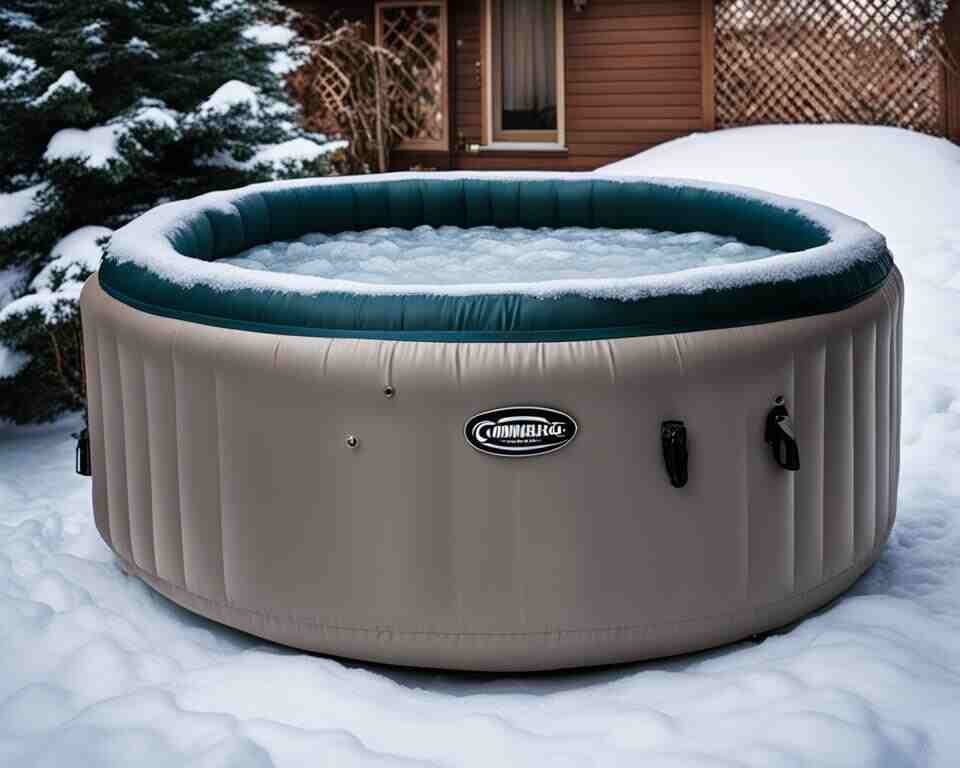An inflatable hot tub sitting outside in a snowy backyard with a thick layer of insulation cover wrapped around it.