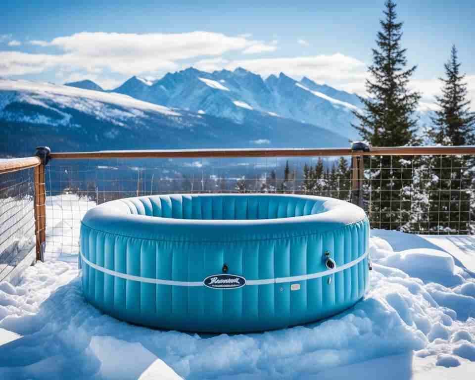 An empty inflatable hot tub left out in the snow.