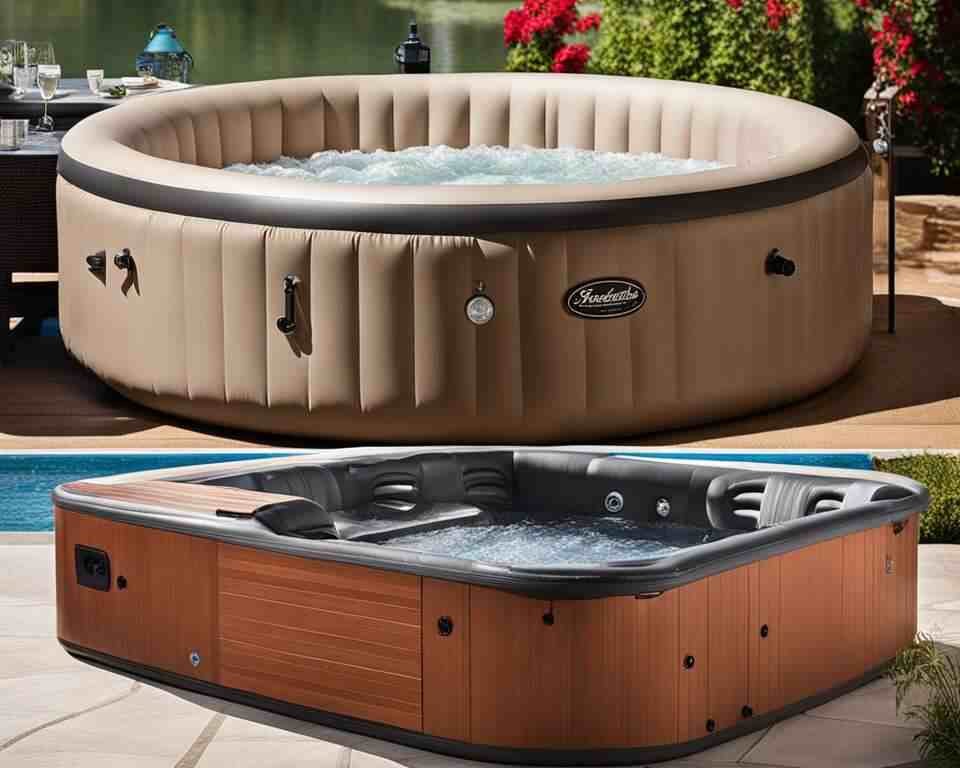 Side-by-side comparison of an inflatable hot tub and a traditional hot tub, highlighting their respective costs and features.