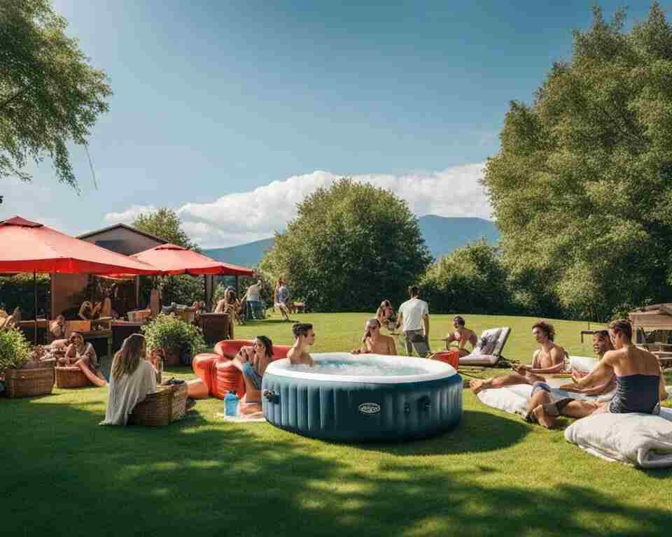 A backyard party with an inflatable hot tub set up on the grass.