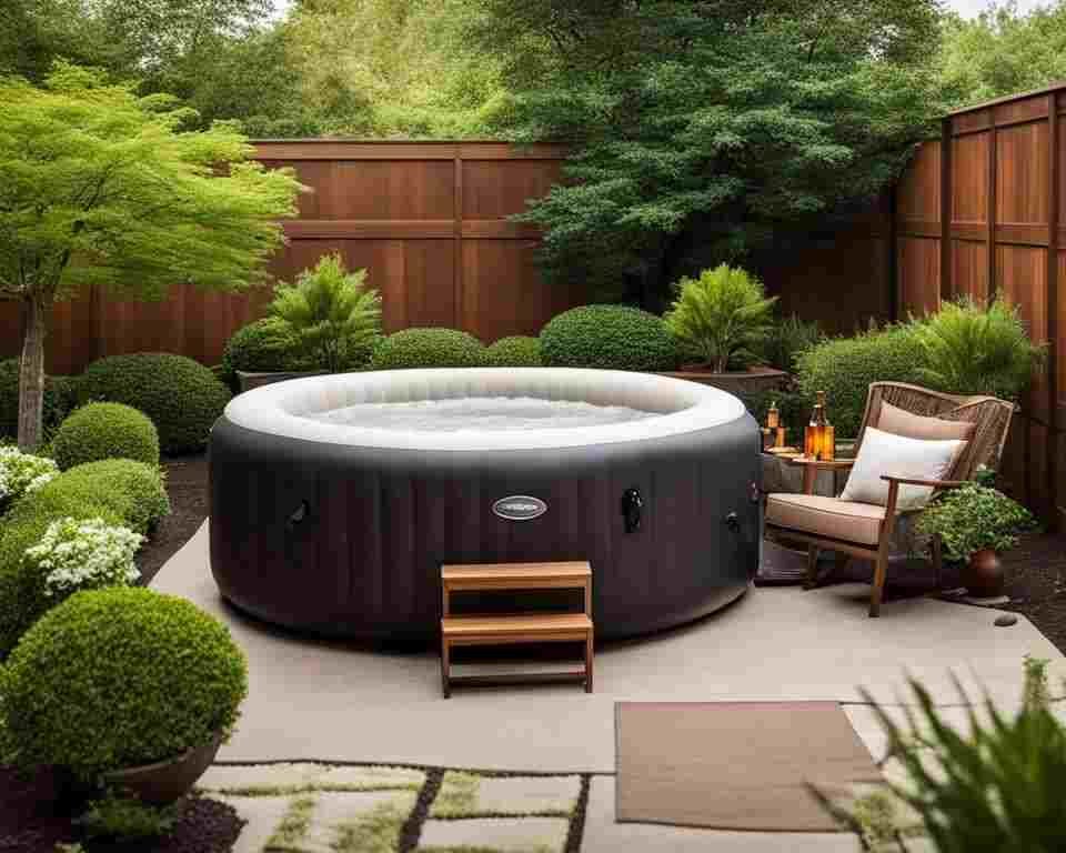 A serene backyard patio scene with an inflatable hot tub as the centerpiece. The hot tub is nestled amongst potted plants and surrounded by comfortable outdoor furniture. 