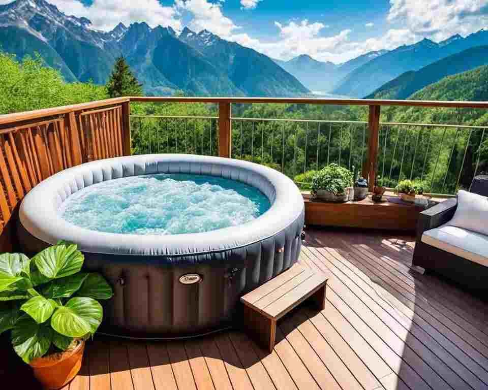 An inflatable hot tub on a wooden deck being used for a swimming pool.