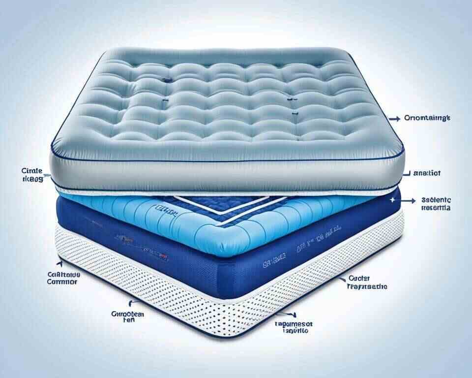 An illustration that shows the internal structure of an air mattress, highlighting the different layers and materials used.