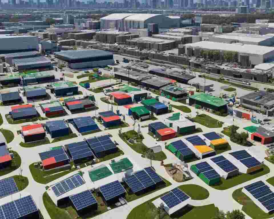 A bird's eye view of a city with several recycling centers positioned in different neighborhoods. 