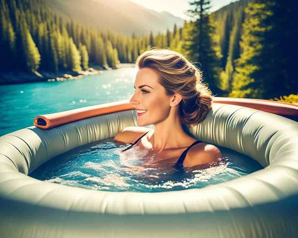A woman enjoying a relaxing dip in an inflatable hot tub.