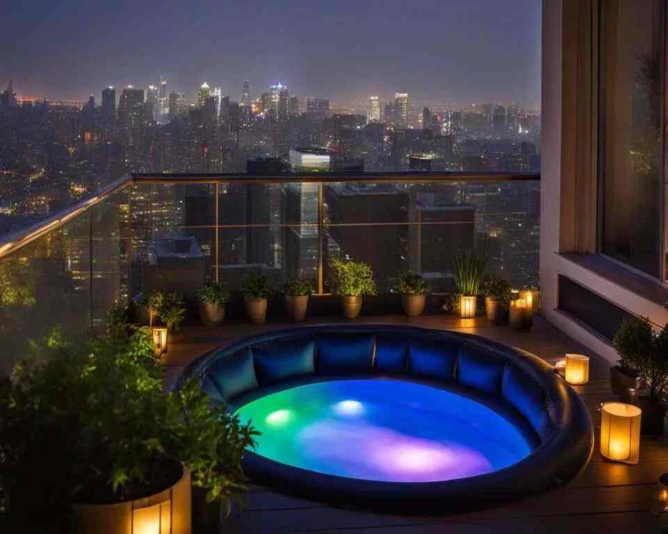 An inflatable hot tub is perched on a small balcony overlooking the city skyline. 