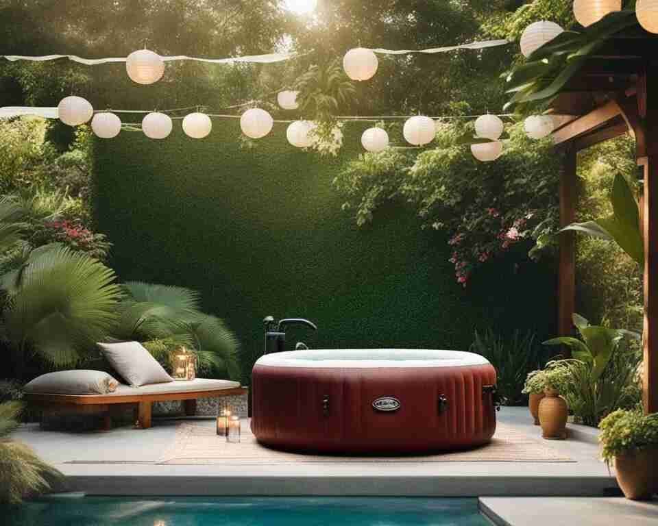 A well-maintained inflatable hot tub sitting in a luxurious backyard oasis, surrounded by lush green plants and decorative lanterns. The hot tub is gleaming and bubbling with warmth, showcasing its powerful heater.