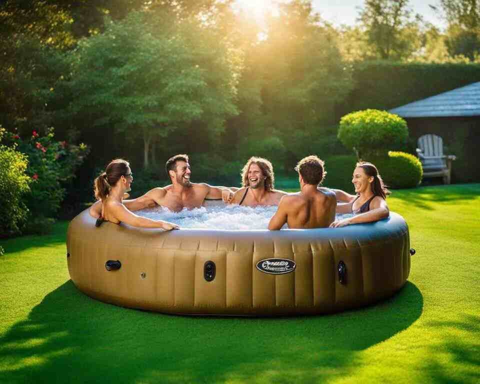 A group of friends using an inflatable hot tub to cool off in summer.