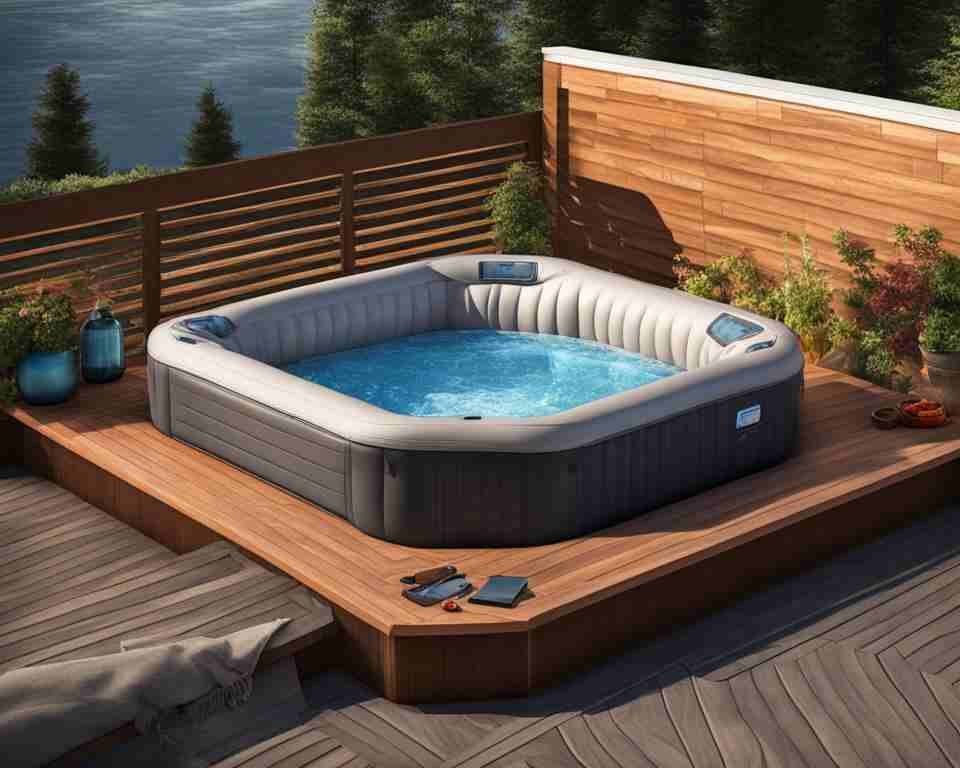 An inflatable hot tub installed on a reinforced wooden deck.