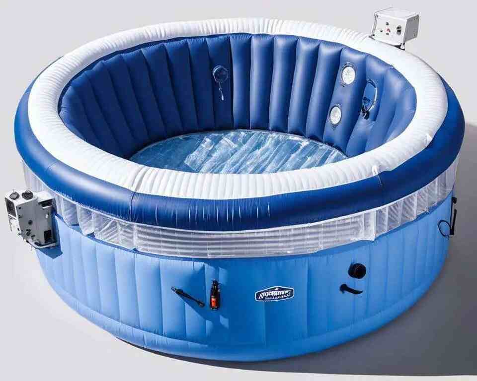 The internal structure of an inflatable hot tub, with transparent material highlighting the air chambers and valves. Include various components and the materials used for each, such as the heater, filter, control panel, and PVC or vinyl covering.