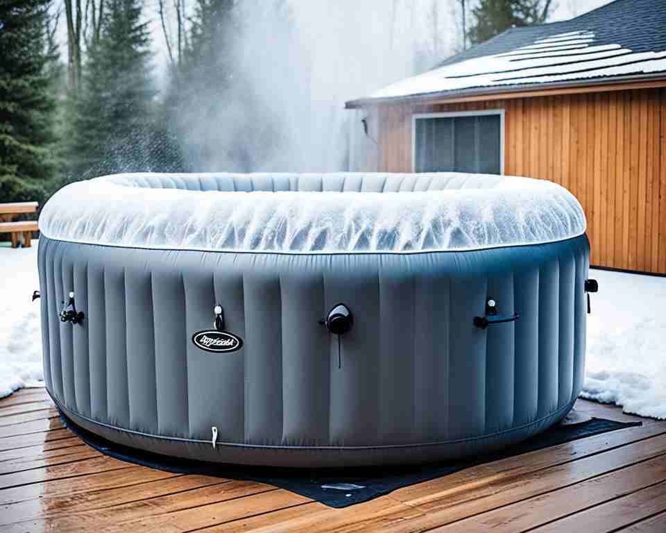 An illustration of a steaming inflatable hot tub outdoor on a deck in winter.