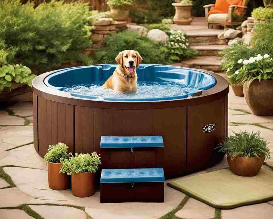 A Golden Retriever that has jumped into an inflatable hot tub.