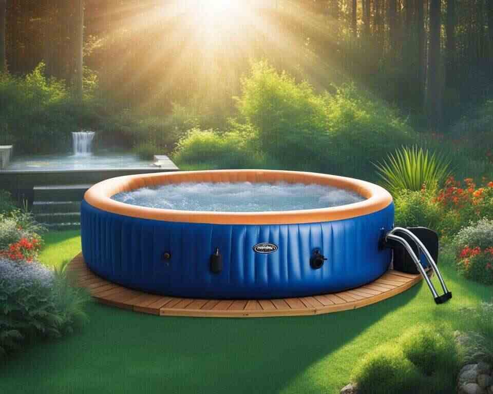Illustrate an inflatable hot tub amidst various environmental factors that can affect its temperature stability.