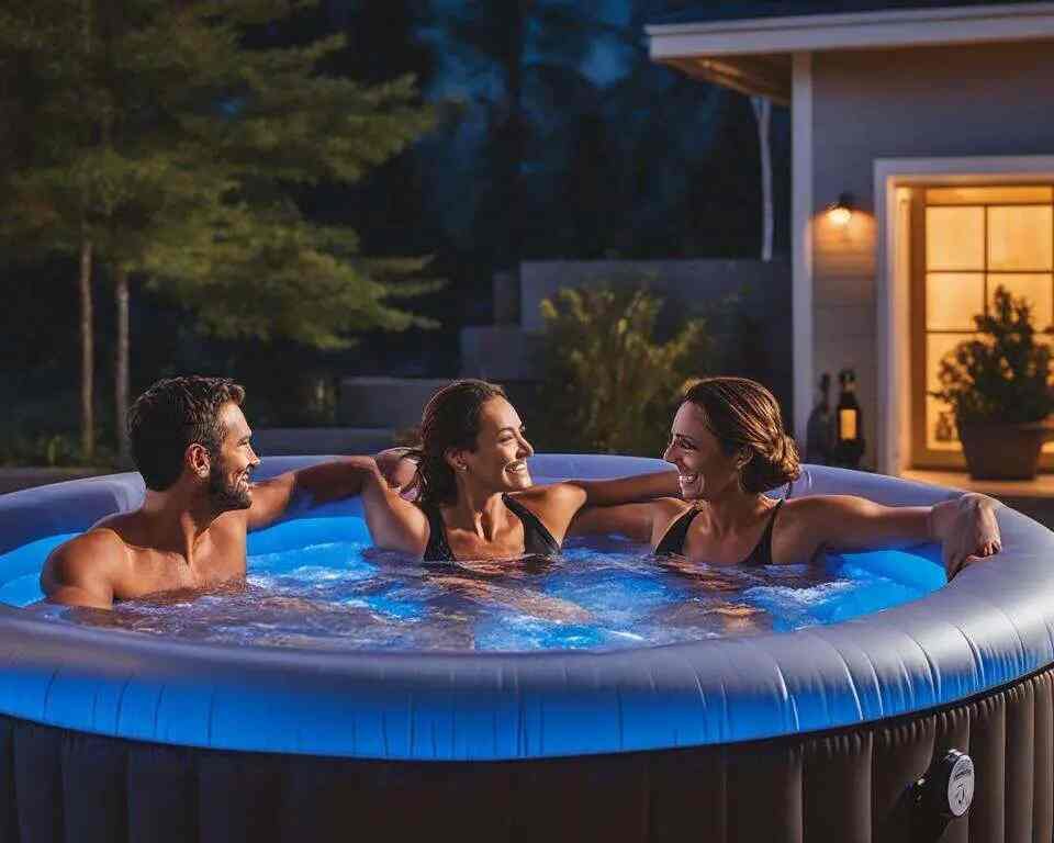 A family enjoying a warm soak in an inflatable hot tub on a chilly evening, surrounded by the soft glow of integrated LED lighting and the gentle hum of the heating system. 