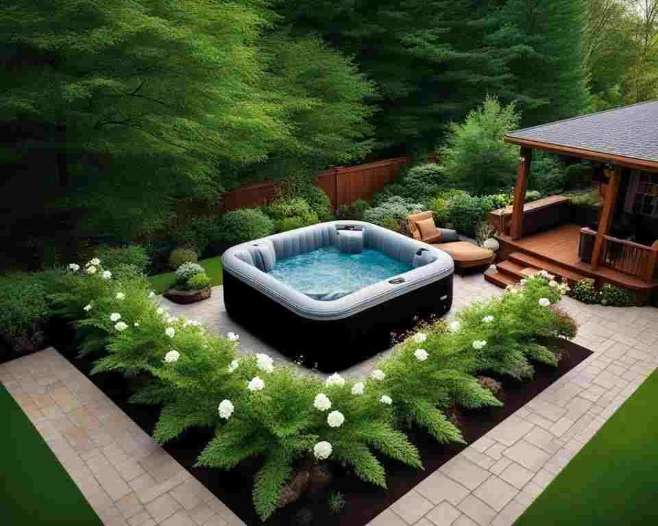  an aerial view of a backyard with an inflatable hot tub set up on interlocking stone tiles.