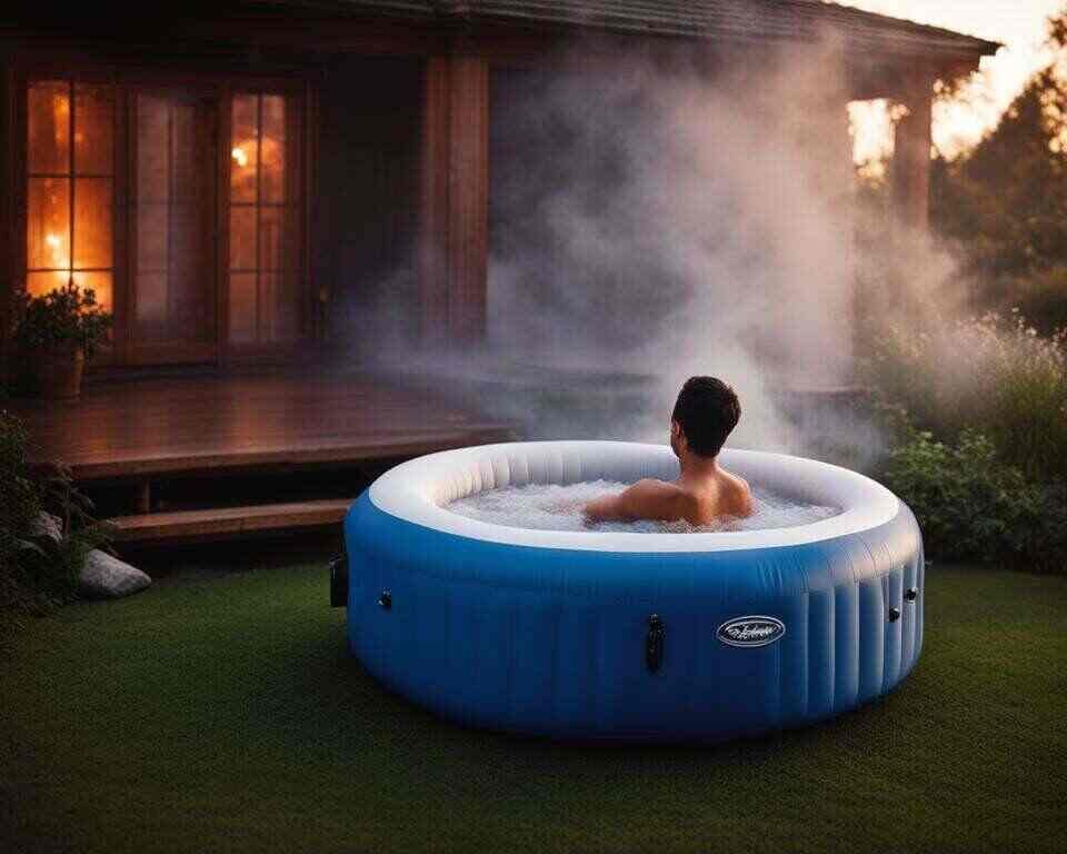A person enjoying their heated inflatable hot tub in their backyard.