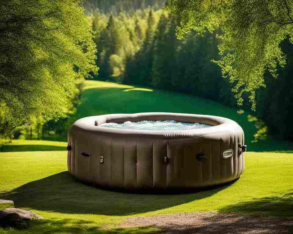 A brown inflatable hot tub set up on the lawn.