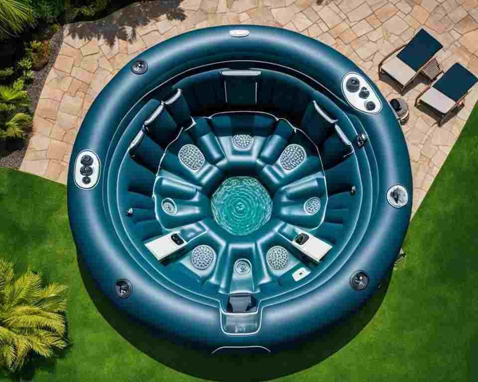 An overhead view, looking at the jets in an inflatable hot tub. 