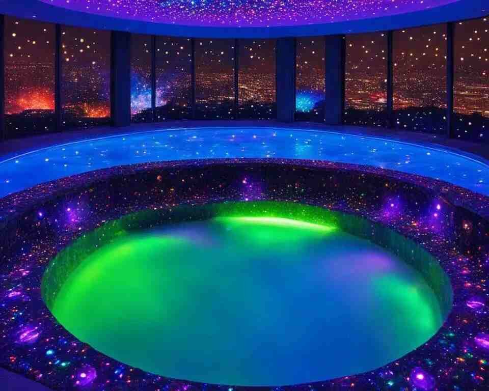 A surreal jacuzzi with a galaxy of colorful lights shining from underneath the bubbles.
