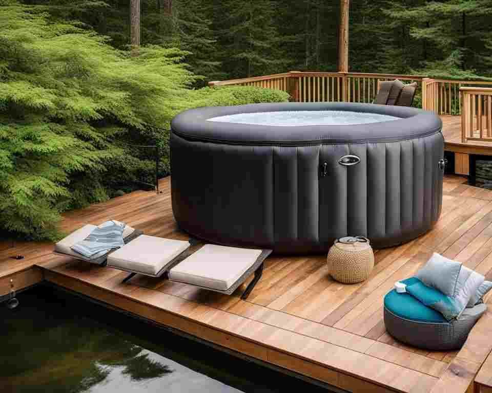 An inflatable hot tub with the power on.