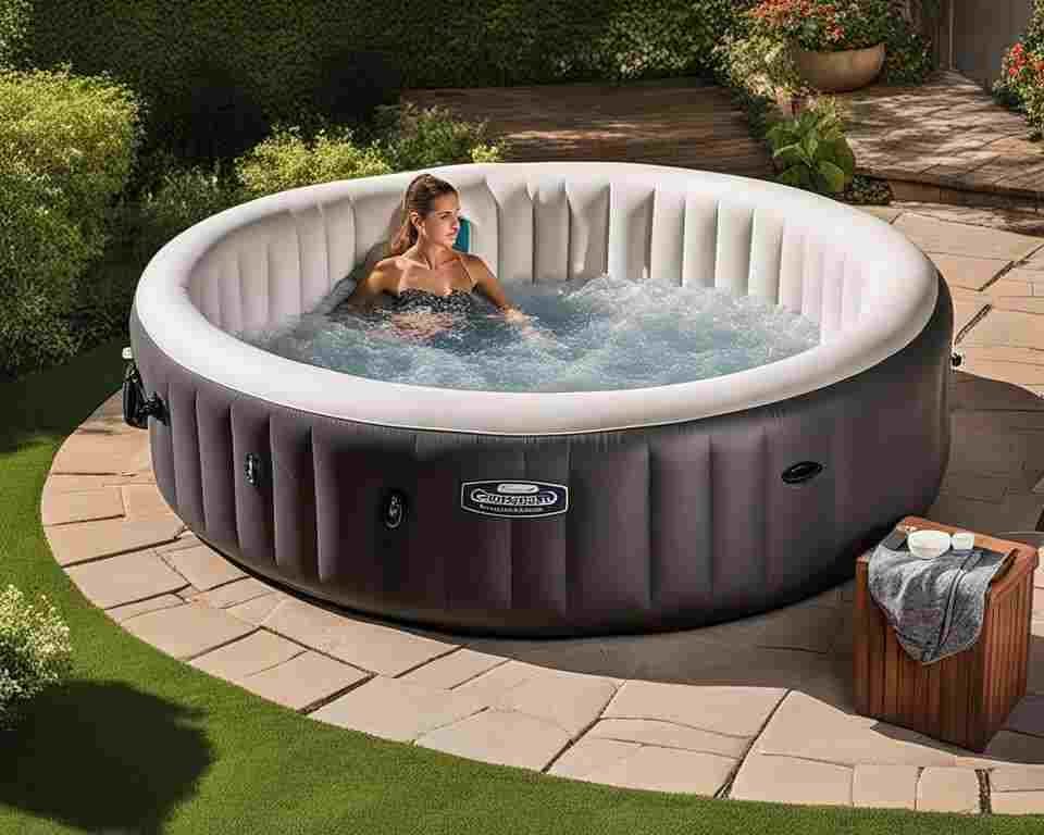 A woman taking a relaxing dip in her backyard inflatable hot tub.