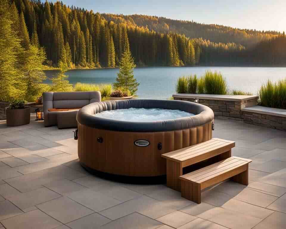 An inflatable hot tub installed on an outdoor patio.