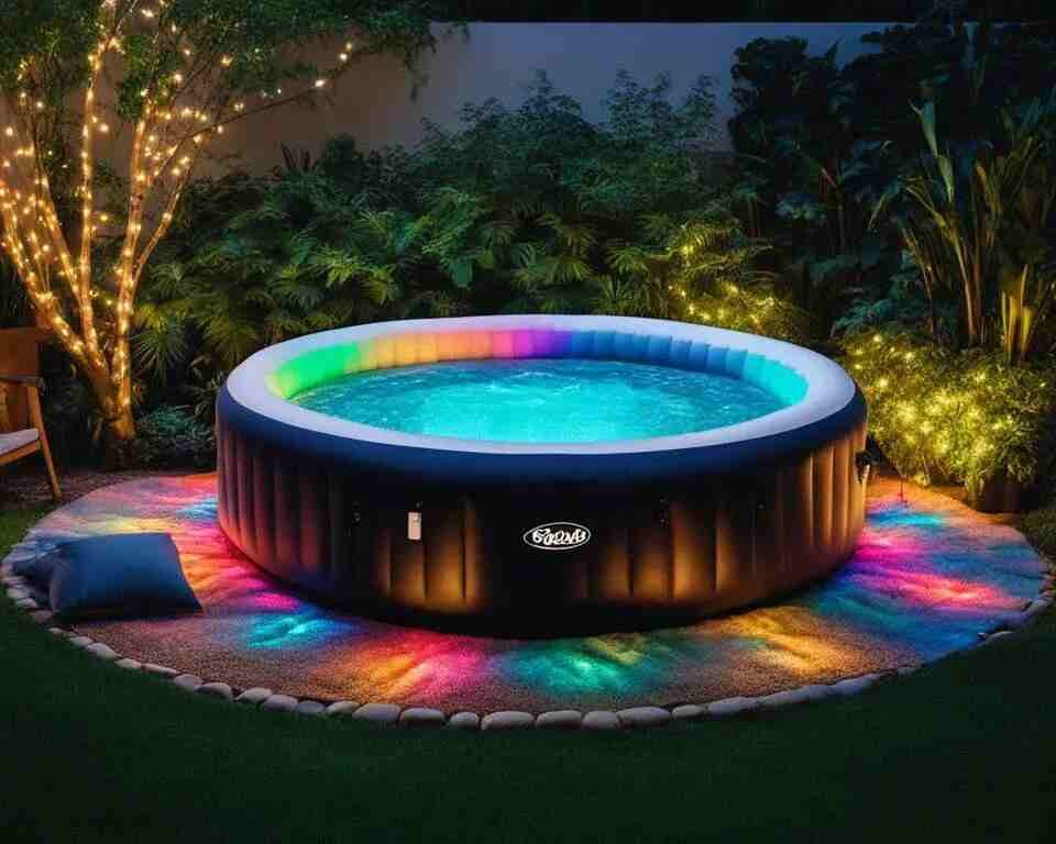 A tranquil backyard scene at night, featuring an inflatable hot tub with multicolored LED lights that softly illuminate the water.