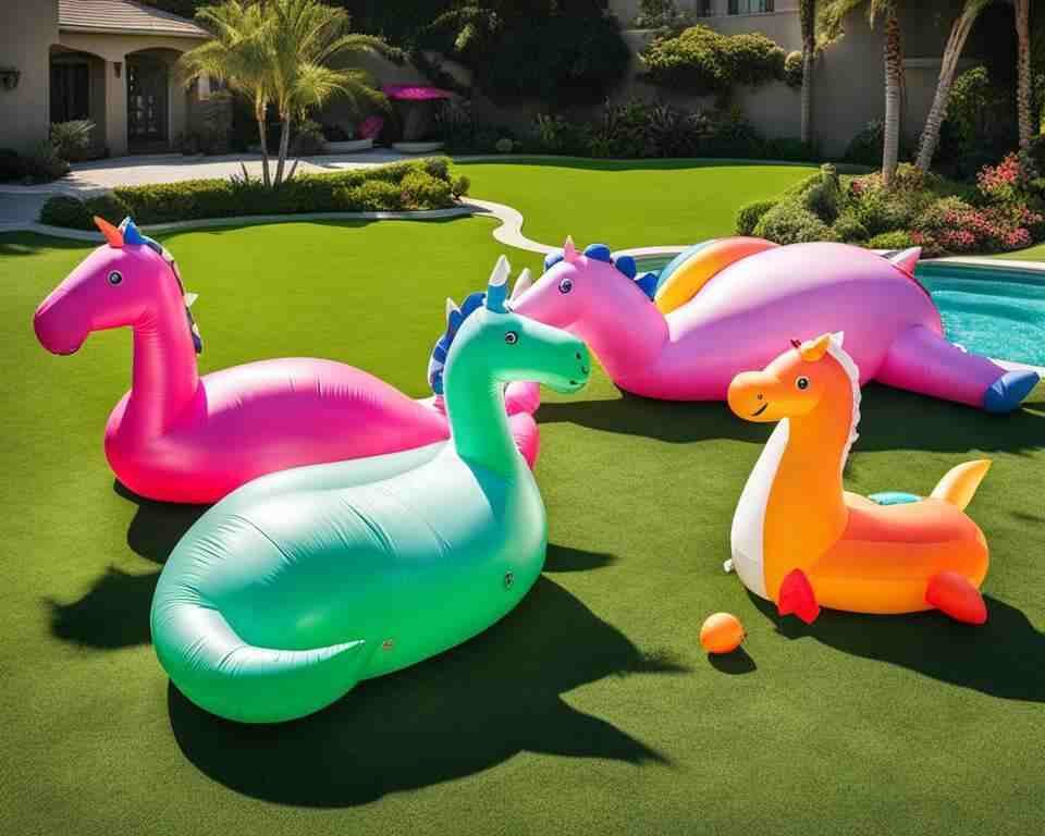 A pristine green lawn with inflatable toys scattered around.