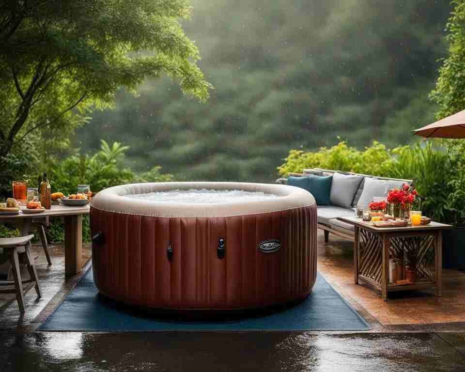 An inflatable hot tub in the rain with no cover to protect it.