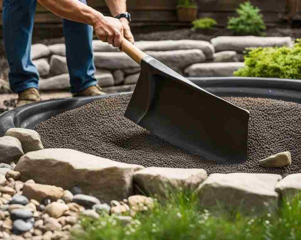 A person using a rake to clear an area of small rocks and debris, creating a flat surface for the gravel base of the hot tub.